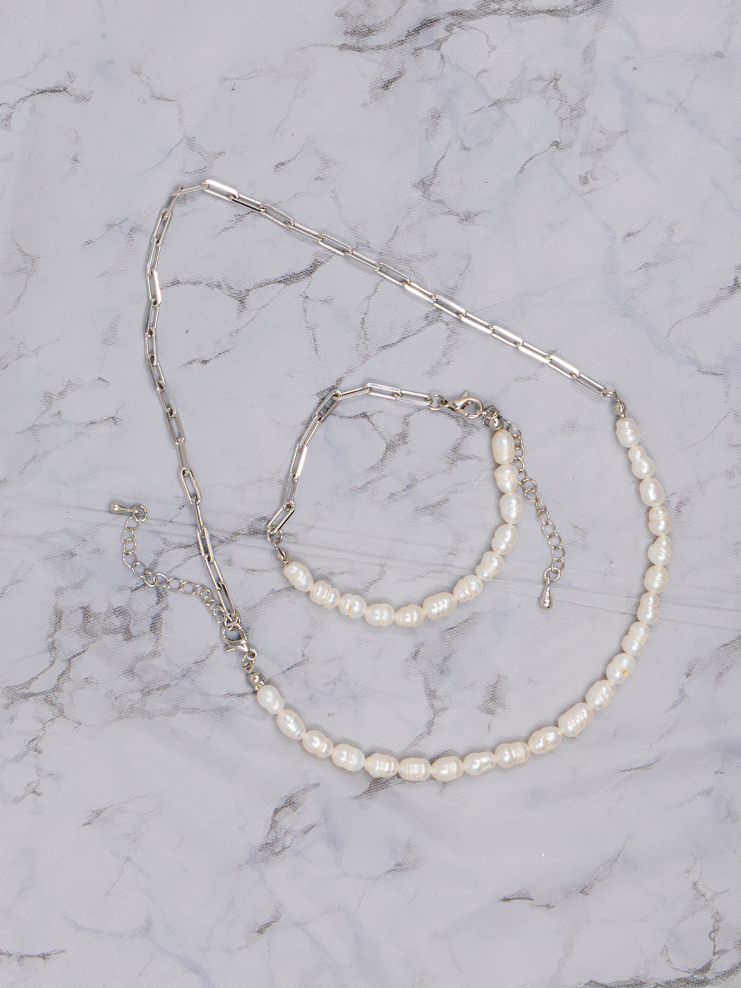 FASHION SILVER PEARL NECKLACE & BRACELET 2PC SET
