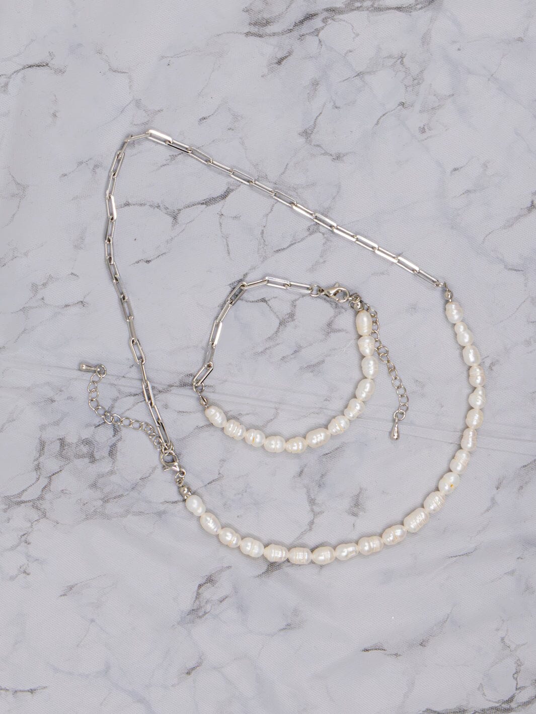FASHION SILVER PEARL NECKLACE & BRACELET 2PC SET