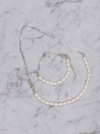 FASHION SILVER PEARL NECKLACE & BRACELET 2PC SET