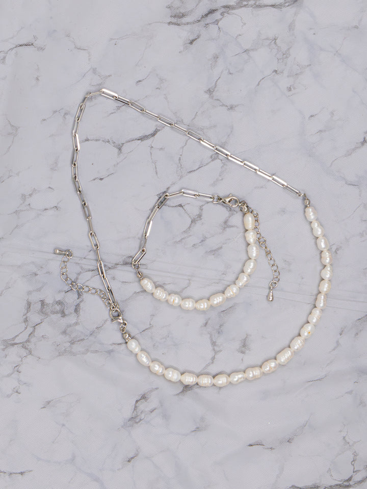 FASHION SILVER PEARL NECKLACE & BRACELET 2PC SET