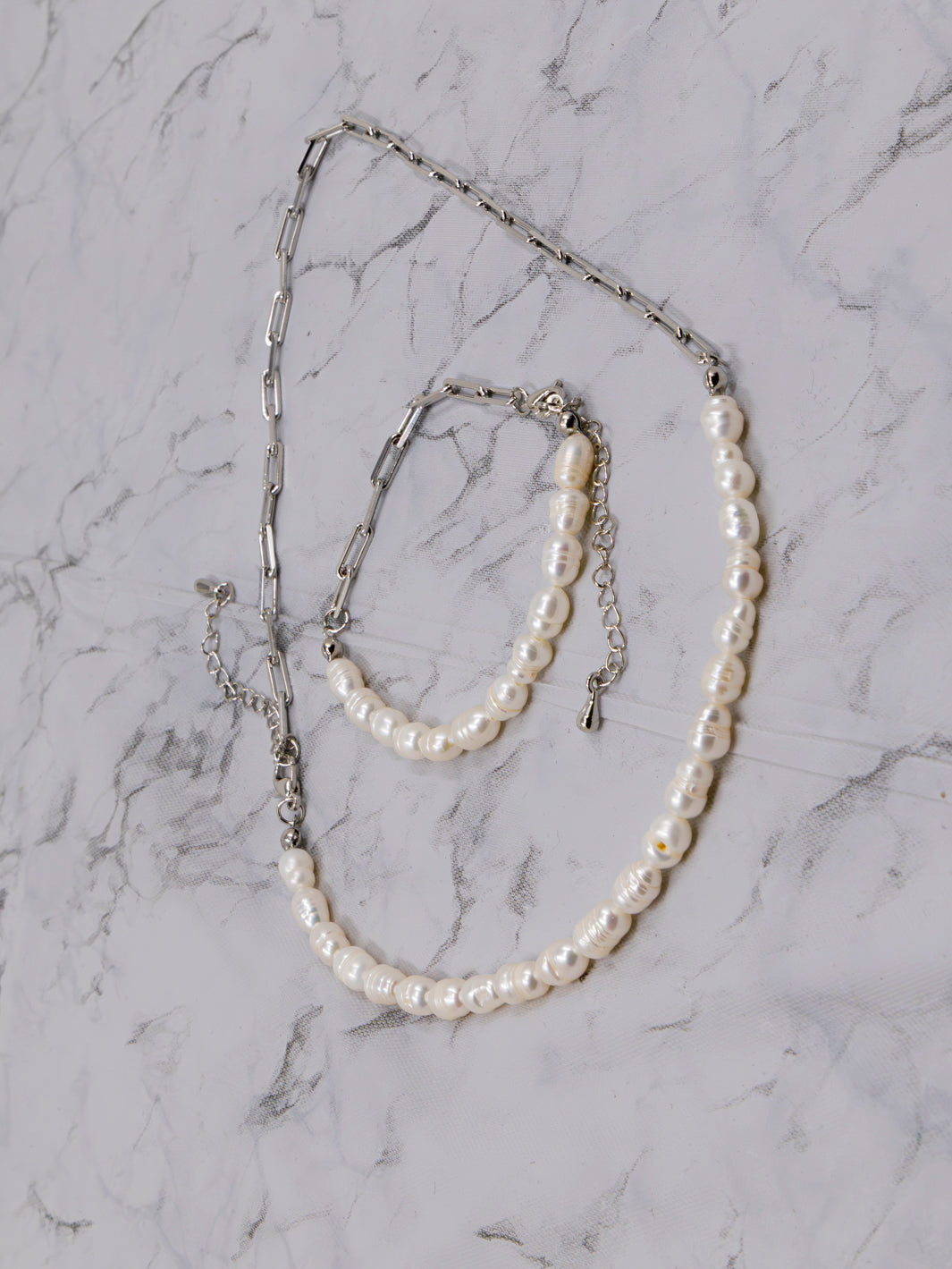 FASHION SILVER PEARL NECKLACE & BRACELET 2PC SET