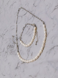 FASHION SILVER PEARL NECKLACE & BRACELET 2PC SET