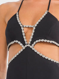 WOMEN'S SLEEVELESS CUT OUT OPEN BACK WIDE LEG RHINESTONES JUMPSUIT