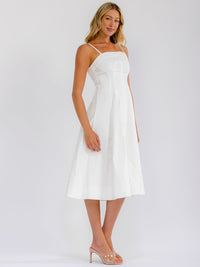 WOMEN'S SLEEVELESS SQUARE NECK FIT & FLARE DENIM STRETCH MIDI DRESS