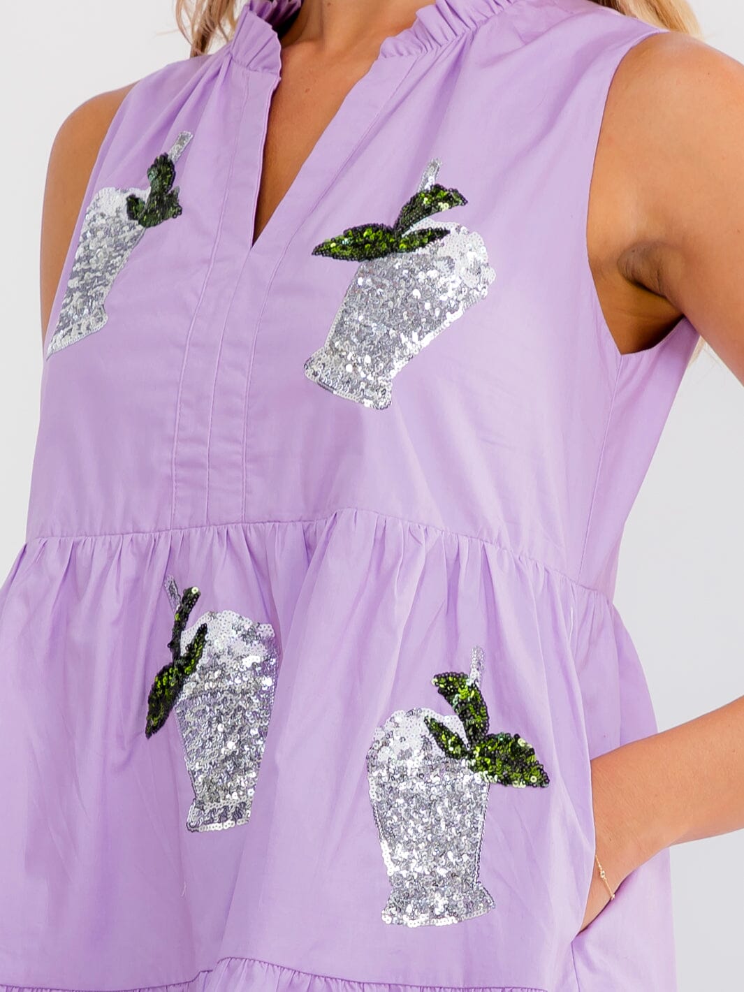 WOMEN'S SLEEVELESS V-NECK FRONT POCKETS SEQUINS DETAILED TIERED MINI DRESS