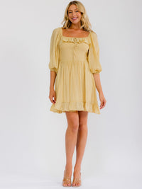 WOMEN'S SHORT SLEEVE SQUARE NECK FRONT POCKETS SMOCK RUFFFLE MINI DRESS