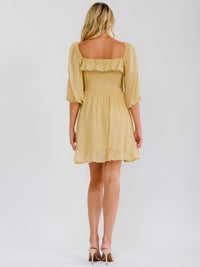 WOMEN'S SHORT SLEEVE SQUARE NECK FRONT POCKETS SMOCK RUFFFLE MINI DRESS