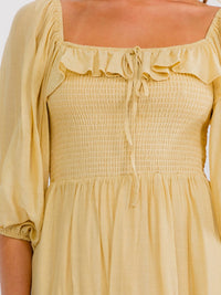 WOMEN'S SHORT SLEEVE SQUARE NECK FRONT POCKETS SMOCK RUFFFLE MINI DRESS