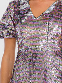 WOMEN'S SHORT PUFF SLEEVE V-NECK MULTI SEQUINS MINI DRESS