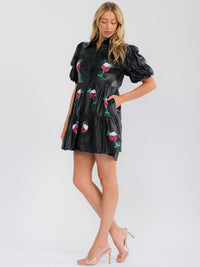 WOMEN'S SHORT PUFF SLEEVE BUTTON UP POCKETS TIERED PU PLEATHER MINI DRESS