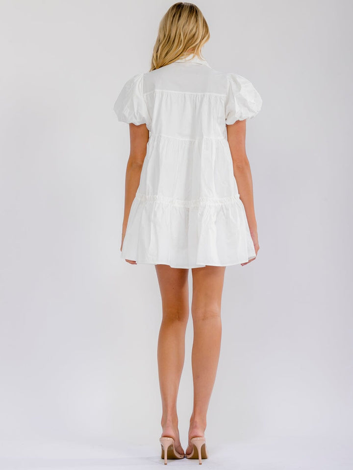 WOMEN'S SHORT PUFF SLEEVE BUTTON UP POCKETS TIERED GAME DAY MINI DRESS