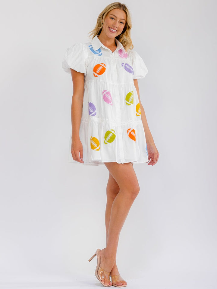 WOMEN'S SHORT PUFF SLEEVE BUTTON UP POCKETS TIERED GAME DAY MINI DRESS