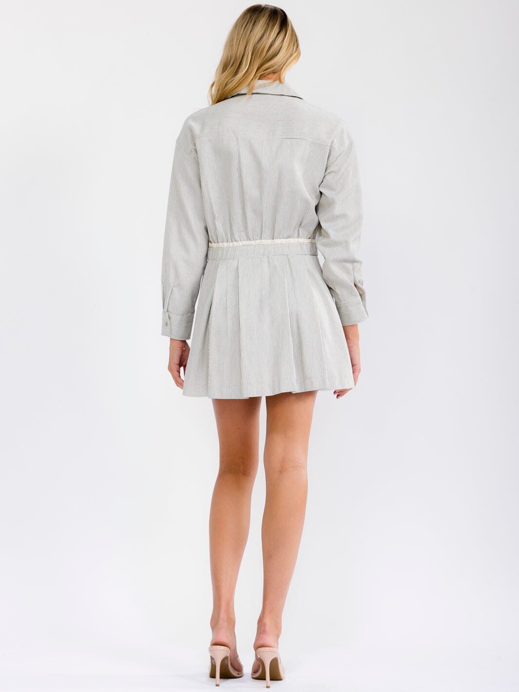 WOMEN'S LONG SLEEVE BUTTON UP FRONT POCKETS STRIPES FIT & FLARE MINI DRESS