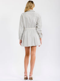 WOMEN'S LONG SLEEVE BUTTON UP FRONT POCKETS STRIPES FIT & FLARE MINI DRESS