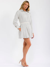 WOMEN'S LONG SLEEVE BUTTON UP FRONT POCKETS STRIPES FIT & FLARE MINI DRESS