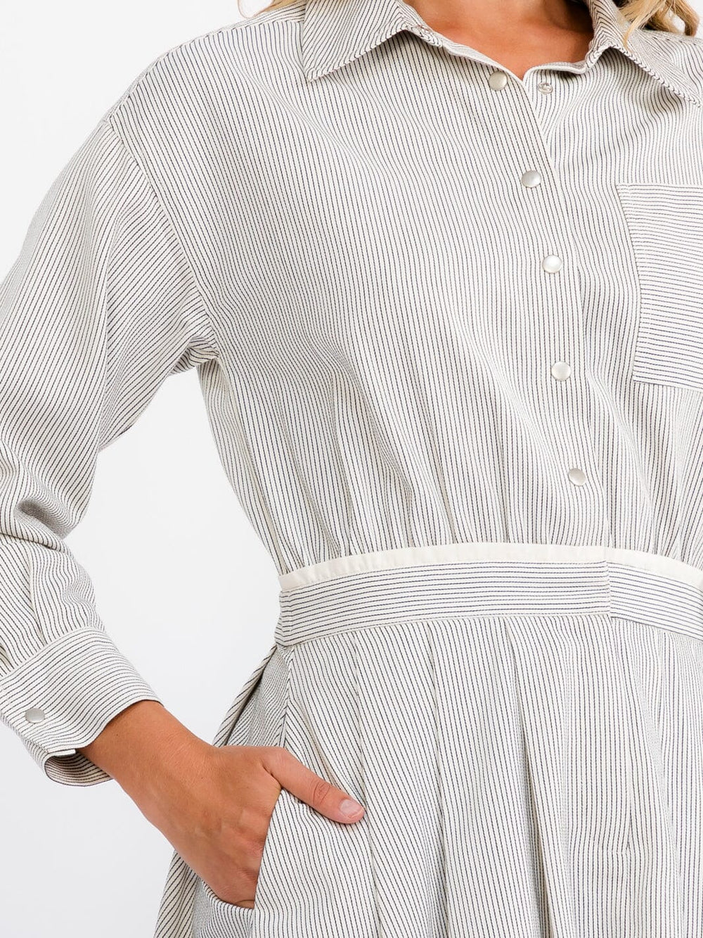 WOMEN'S LONG SLEEVE BUTTON UP FRONT POCKETS STRIPES FIT & FLARE MINI DRESS