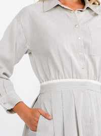 WOMEN'S LONG SLEEVE BUTTON UP FRONT POCKETS STRIPES FIT & FLARE MINI DRESS