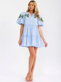WOMEN'S SHORT PUFF SLEEVE V-NECK EMBROIDERY DETAILED TIERED MINI DRESS