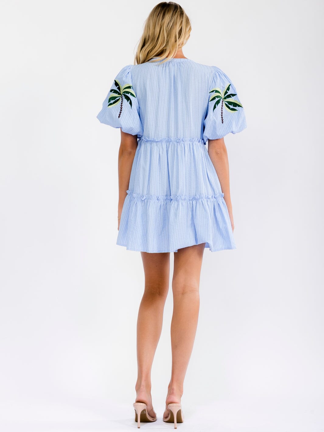 WOMEN'S SHORT PUFF SLEEVE V-NECK EMBROIDERY DETAILED TIERED MINI DRESS