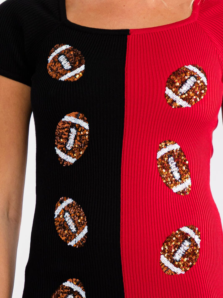 WOMEN'S SHORT SLEEVE COLORBLOCK SEQUINS GAME DAY RIBBED MINI DRESS