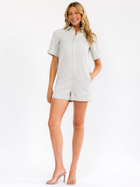 WOMEN'S SHORT SLEEVE BUTTON UP POCKETS STRIPES DENIM ROMPER