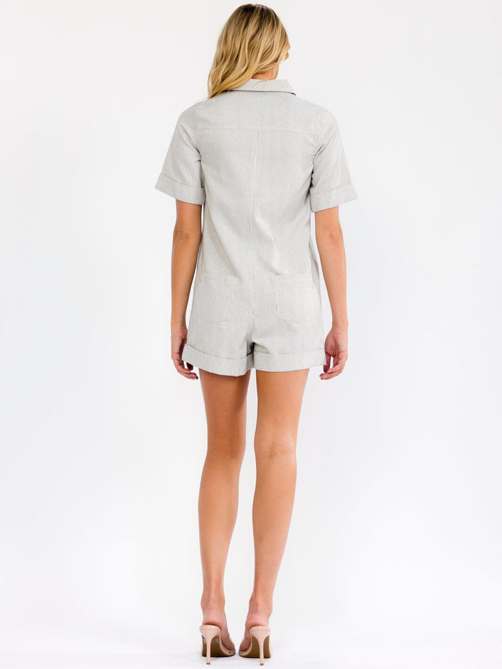 WOMEN'S SHORT SLEEVE BUTTON UP POCKETS STRIPES DENIM ROMPER