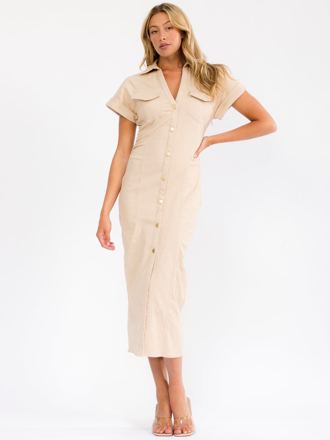 WOMEN'S SHORT SLEEVE V-NECK POCKETS BUTTON UP DENIM STRETCH MAXI DRESS