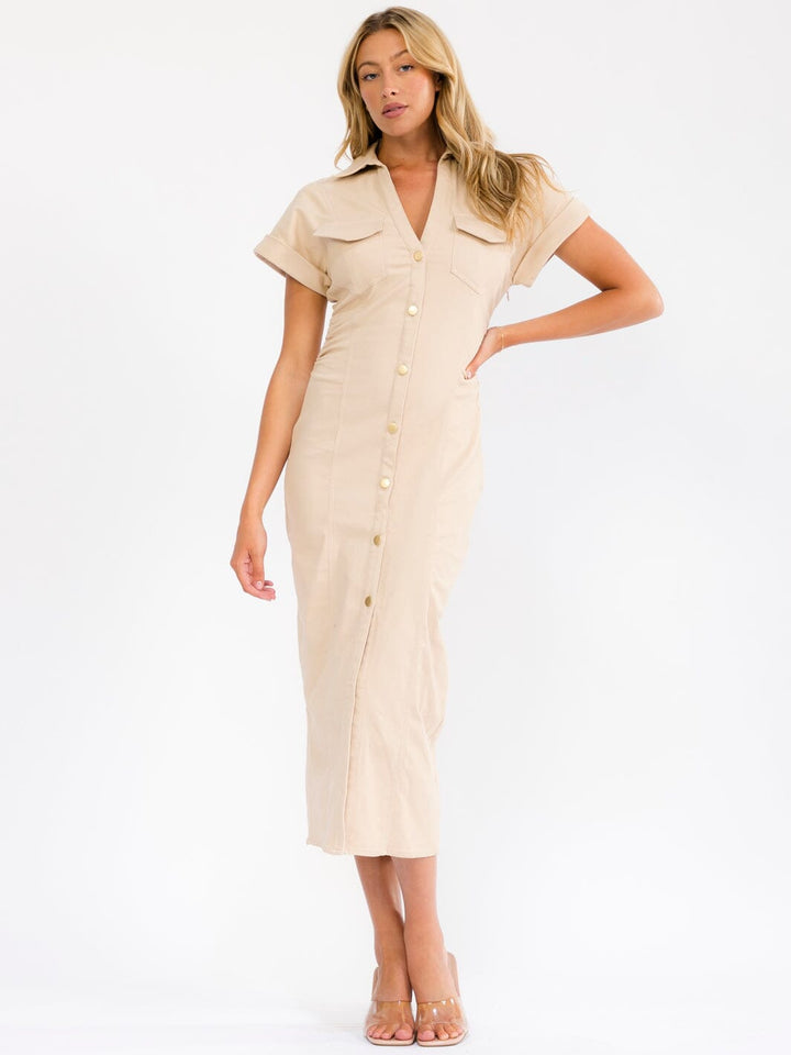 WOMEN'S SHORT SLEEVE V-NECK POCKETS BUTTON UP DENIM STRETCH MAXI DRESS