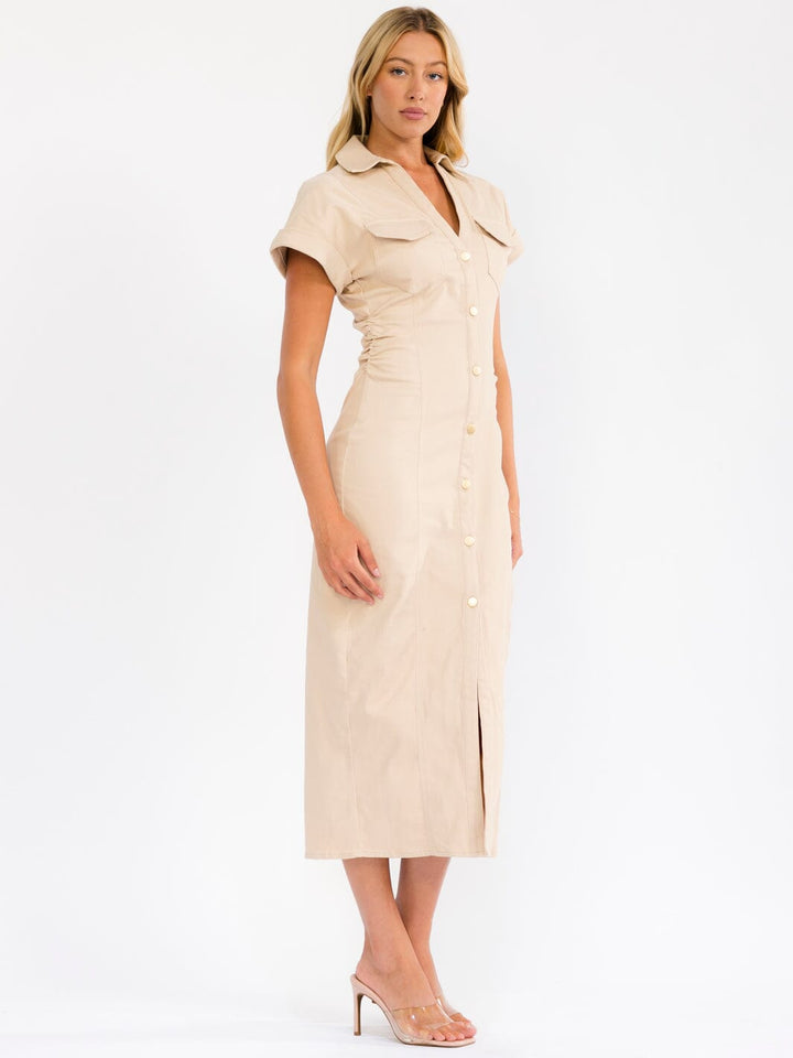 WOMEN'S SHORT SLEEVE V-NECK POCKETS BUTTON UP DENIM STRETCH MAXI DRESS