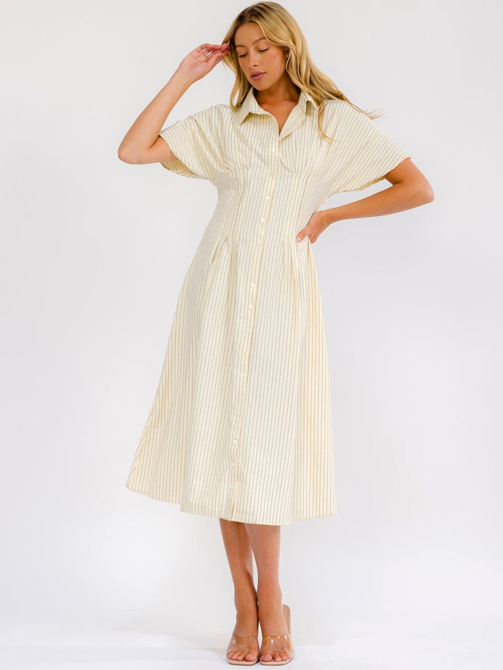 WOMEN'S SHORT SLEEVE BUTTON UP FIT & FLARE STRIPES MIDI DRESS