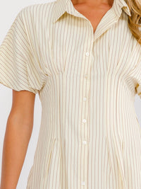 WOMEN'S SHORT SLEEVE BUTTON UP FIT & FLARE STRIPES MIDI DRESS