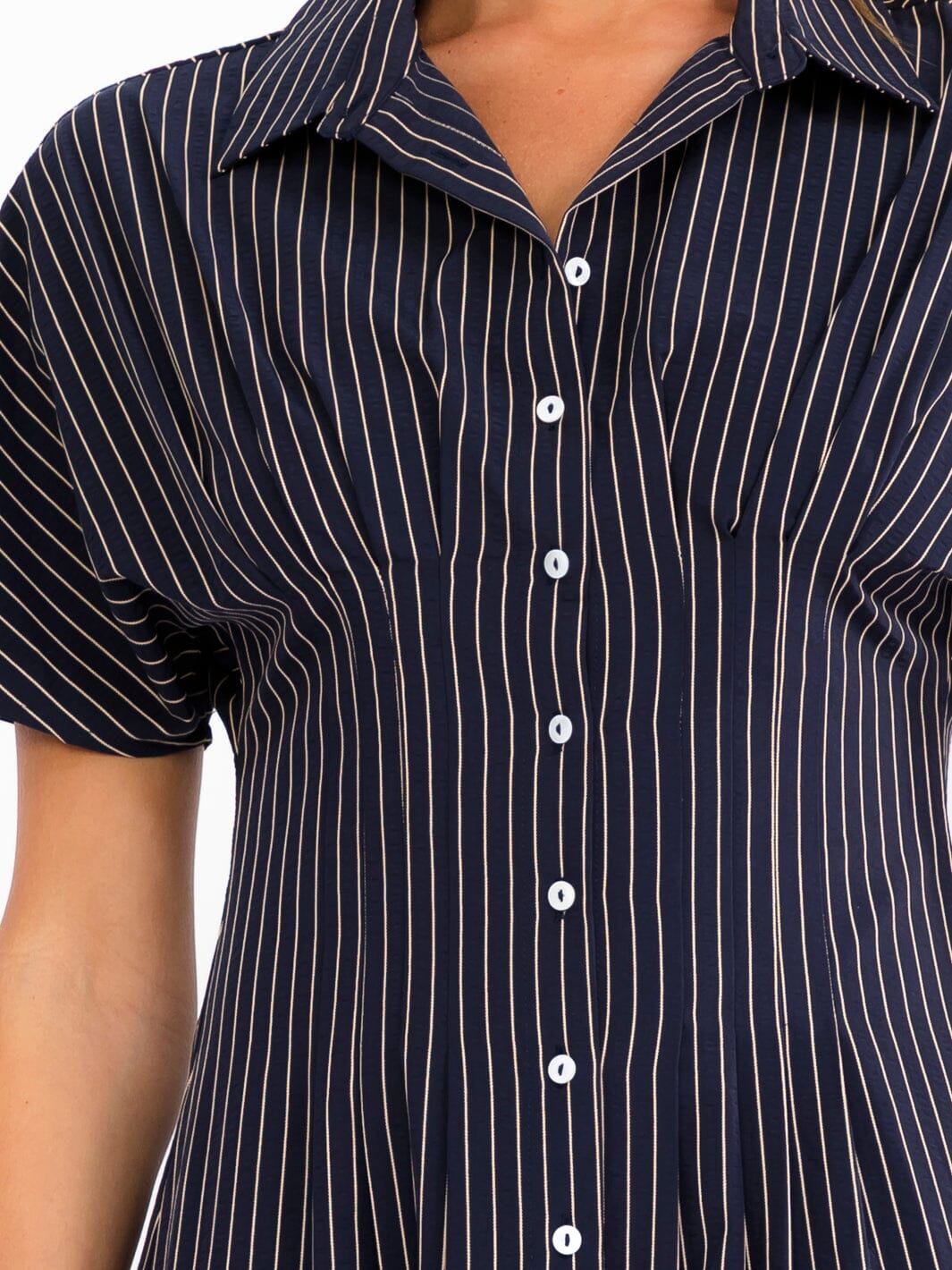 WOMEN'S SHORT SLEEVE BUTTON UP FIT & FLARE STRIPES MIDI DRESS