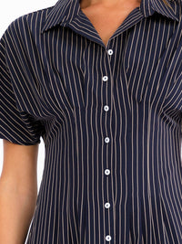 WOMEN'S SHORT SLEEVE BUTTON UP FIT & FLARE STRIPES MIDI DRESS
