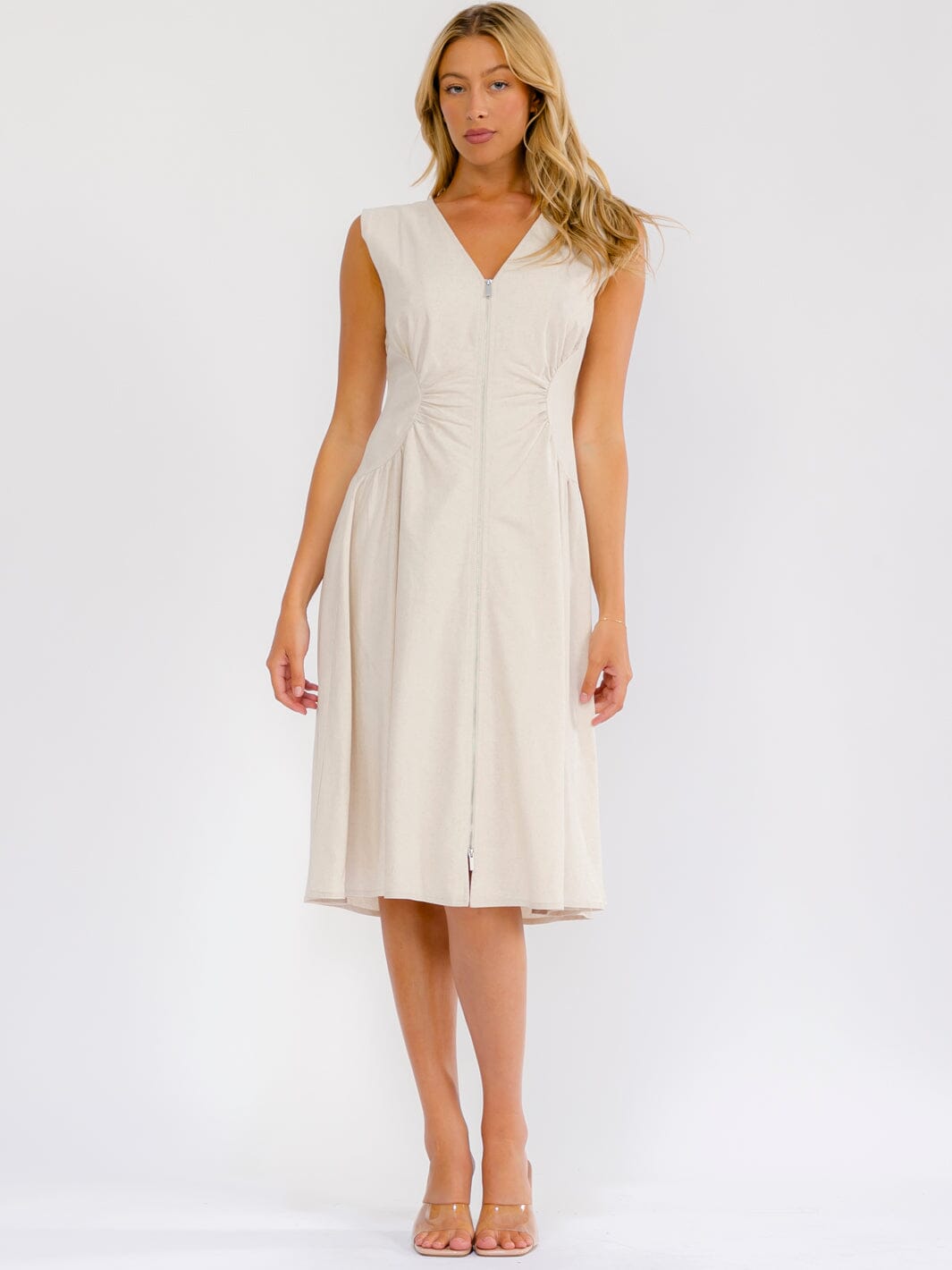 WOMEN'S SLEEVELESS V-NECK ZIP UP FIT & FLARE LINEN MIDI DRESS