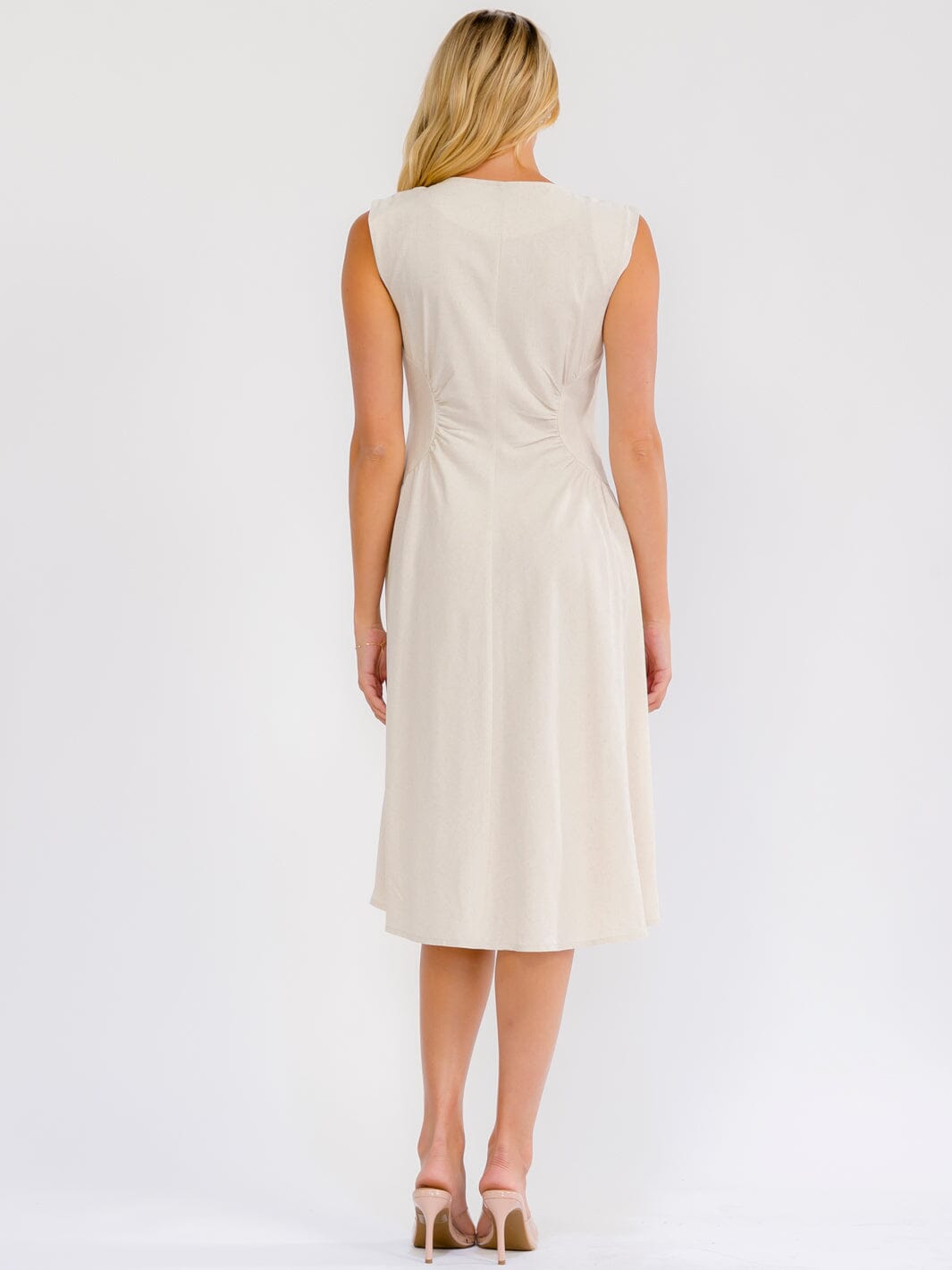 WOMEN'S SLEEVELESS V-NECK ZIP UP FIT & FLARE LINEN MIDI DRESS