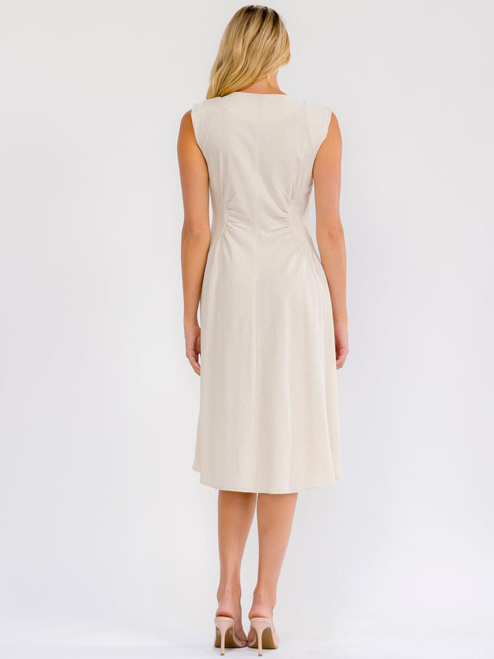 WOMEN'S SLEEVELESS V-NECK ZIP UP FIT & FLARE LINEN MIDI DRESS