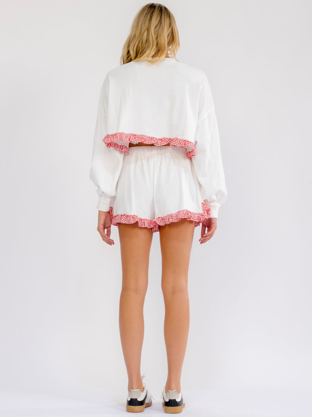 WOMEN'S ELASTIC WAIST SELF TIE PLAID GRAPHIC RUFFLE BOTTOM HEM MINI SHORTS