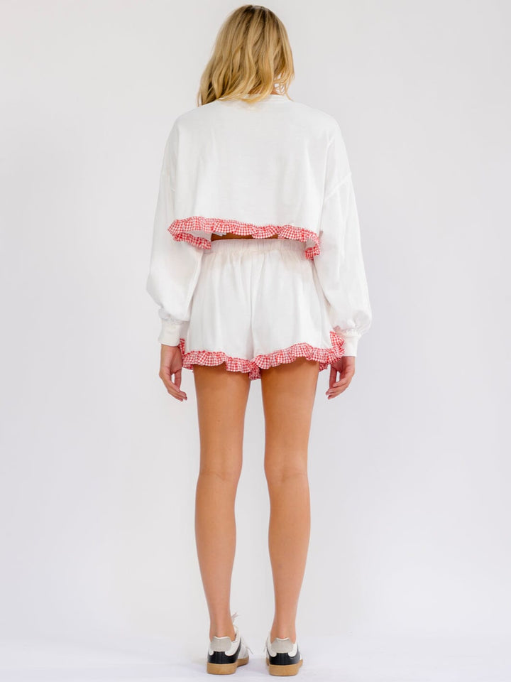 WOMEN'S ELASTIC WAIST SELF TIE PLAID GRAPHIC RUFFLE BOTTOM HEM MINI SHORTS