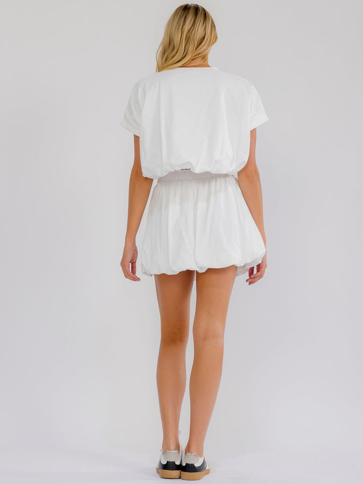 WOMEN'S SHORT SLEEVE LACE BOWS DETAILED BUBBLE BOTTOM HEM TOP
