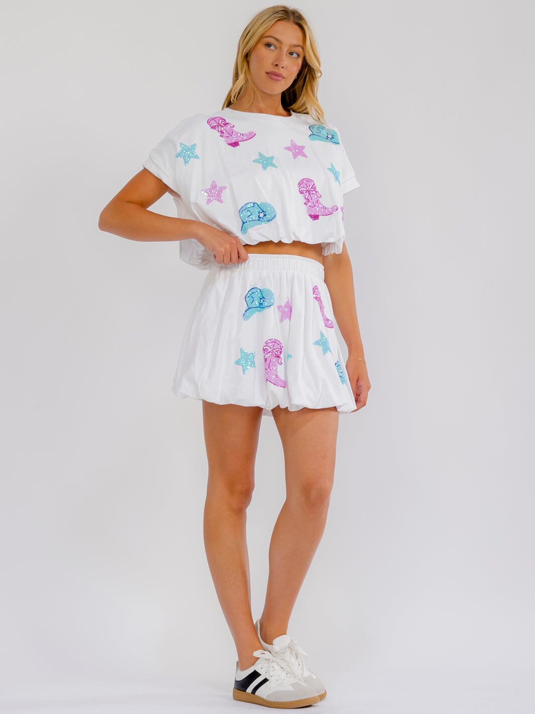 WOMEN'S SHORT SLEEVE TOP & ELASTIC WAIST MINI SKIRT GRAPHIC SEQUINS 2PC. SET