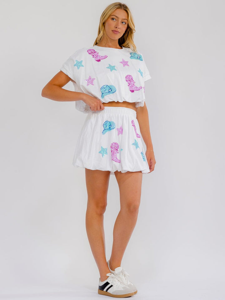 WOMEN'S SHORT SLEEVE TOP & ELASTIC WAIST MINI SKIRT GRAPHIC SEQUINS 2PC. SET
