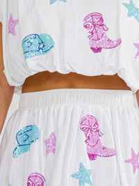 WOMEN'S SHORT SLEEVE TOP & ELASTIC WAIST MINI SKIRT GRAPHIC SEQUINS 2PC. SET