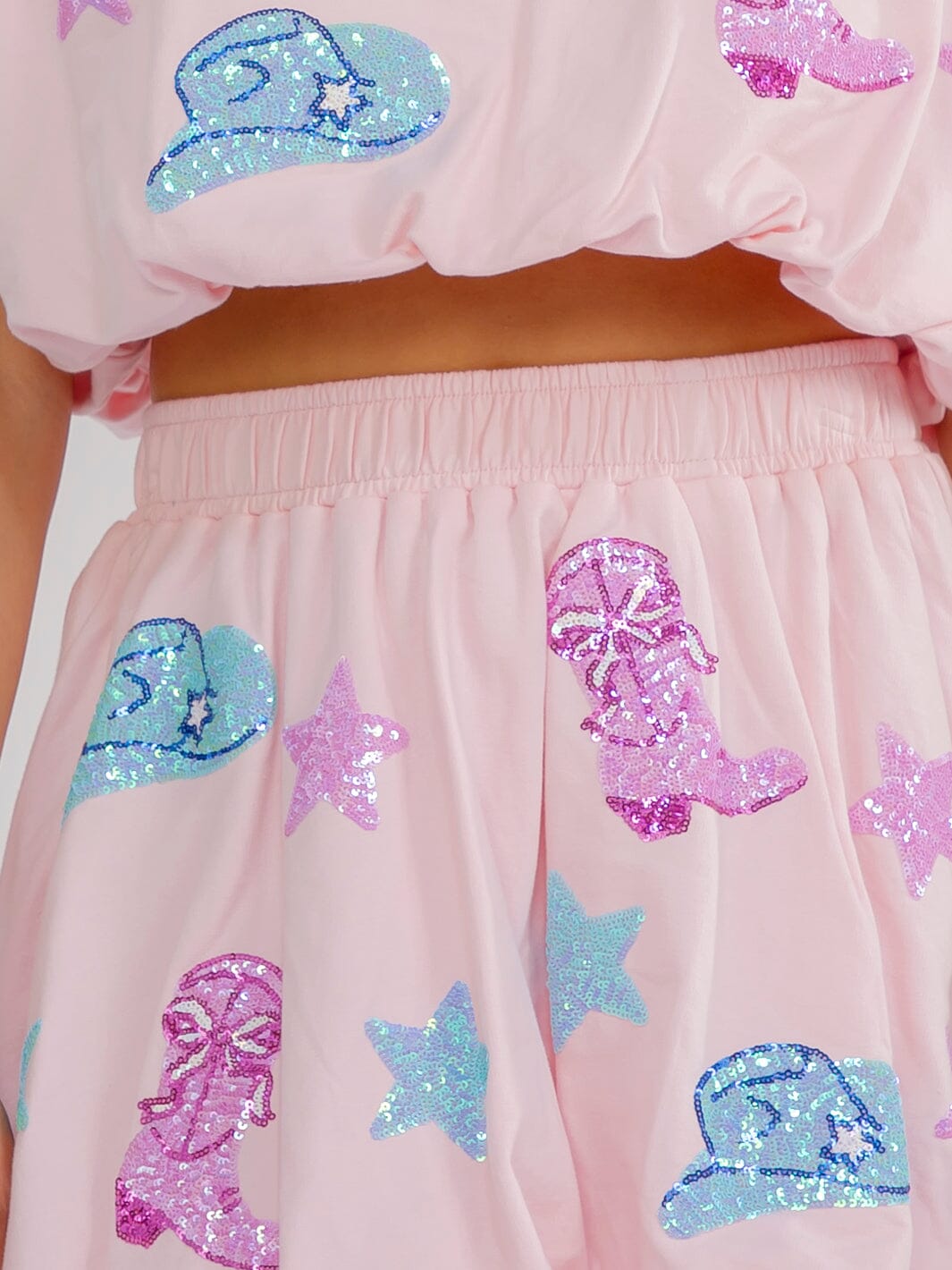 WOMEN'S SHORT SLEEVE TOP & ELASTIC WAIST MINI SKIRT GRAPHIC SEQUINS 2PC. SET