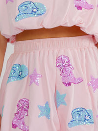 WOMEN'S SHORT SLEEVE TOP & ELASTIC WAIST MINI SKIRT GRAPHIC SEQUINS 2PC. SET