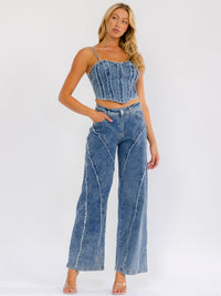 WOMEN'S SLEEVELESS CROP TOP & BUTTON CLOSURE WIE ELEG PANTS DETAILED DENIM 2PC. SET