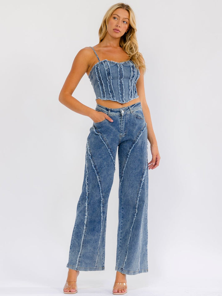 WOMEN'S SLEEVELESS CROP TOP & BUTTON CLOSURE WIE ELEG PANTS DETAILED DENIM 2PC. SET