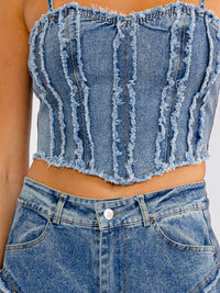 WOMEN'S SLEEVELESS CROP TOP & BUTTON CLOSURE WIE ELEG PANTS DETAILED DENIM 2PC. SET