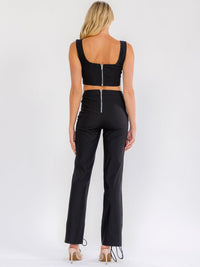 WOMEN'S SLEEVELESS CROP TOP & ZIP UP SKINNY ELEG PANTS LACE UP STRETCH DENIM 2PC. SET
