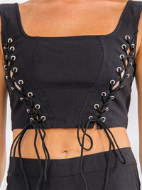 WOMEN'S SLEEVELESS CROP TOP & ZIP UP SKINNY ELEG PANTS LACE UP STRETCH DENIM 2PC. SET