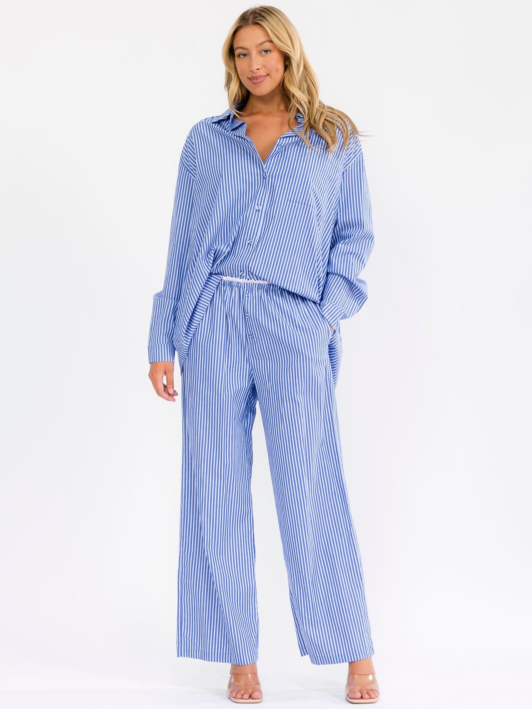 WOMEN'S LONG SLEEVE BUTTON UP SHIRT & ELASTIC WAIST WIDE LEG PANTS STRIPES 2PC. SET